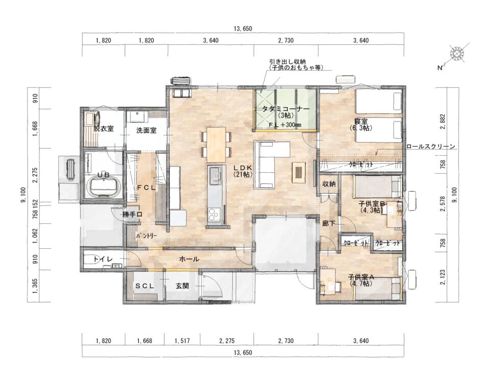 帰宅動線が嬉しい。家族4人でゆったり暮らせる家 - 1階 104.89㎡(31.73坪)(C)シティハウス産業株式会社